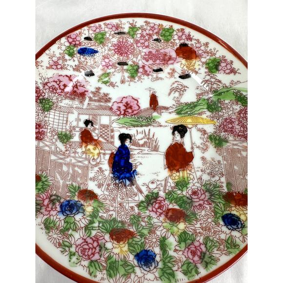 Japanese Antique China Two 7 In. Plates Geisha Floral Structures 1921-1941 - Picture 2 of 9